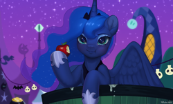 Size: 3416x2061 | Tagged: safe, artist:hirichie, derpibooru import, princess luna, alicorn, pony, luna eclipsed, apple, crown, cute, eating, ethereal mane, female, food, halloween, herbivore, holiday, hoof shoes, horn, jewelry, lunabetes, mare, night, nightmare night, redraw, regalia, scene interpretation, smiling, starry mane, wings