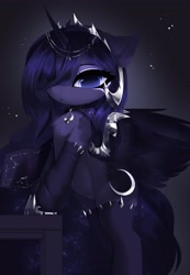 Size: 2840x4096 | Tagged: safe, artist:magnaluna, derpibooru import, princess luna, alicorn, pony, armor, belly button, bipedal, bipedal leaning, chest fluff, clothes, female, hair over one eye, jewelry, leaning, leaning forward, looking at you, mare, necklace, regalia, simple background, socks, solo, stockings, thigh highs, wing armor, wings
