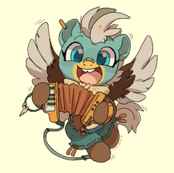 Size: 680x676 | Tagged: safe, artist:drtuo4, derpibooru import, oc, oc only, oc:duk, pegasus, pony, accordion, cute, female, mare, musical instrument, ocbetes, open mouth, open smile, smiling, solo