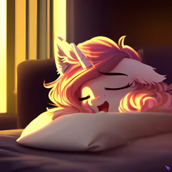 Size: 1024x1024 | Tagged: safe, derpibooru import, generator:purplesmart.ai, generator:stable diffusion, machine learning generated, oc, oc only, pony, unicorn, backlighting, bust, ear fluff, ears, eyebrows, eyebrows visible through hair, eyes closed, female, fluffy, mare, morning, one ear down, open mouth, pillow, portrait, sleeping, smiling, solo