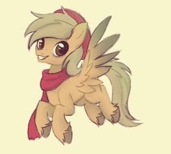 Size: 850x768 | Tagged: safe, artist:wintah33, derpibooru import, oc, oc only, oc:coffee coat, pegasus, pony, clothes, scarf, simple background, smiling, solo, unshorn fetlocks, yellow background