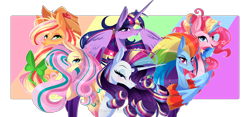 Size: 4827x2267 | Tagged: safe, artist:darkjillmlp123, derpibooru import, applejack, fluttershy, pinkie pie, rainbow dash, rarity, twilight sparkle, twilight sparkle (alicorn), alicorn, earth pony, pegasus, pony, unicorn, eye clipping through hair, eyebrows, eyebrows visible through hair, eyeshadow, grin, group, high res, looking at you, makeup, mane six, open mouth, open smile, partially open wings, rainbow power, sextet, smiling, smiling at you, wings