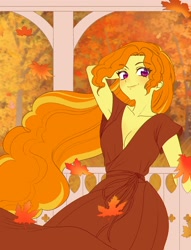 Size: 1300x1700 | Tagged: safe, artist:rileyav, derpibooru import, adagio dazzle, equestria girls, arm behind head, armpits, autumn, blushing, breasts, cleavage, clothes, commission, dress, falling leaves, female, leaves, looking at you, smiling, smiling at you, solo, windswept hair