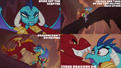 Size: 4400x2475 | Tagged: safe, derpibooru import, edit, edited screencap, editor:quoterific, screencap, garble, princess ember, spike, dragon, gauntlet of fire, angry, argument, armor, dragoness, female, gritted teeth, male, open mouth, teeth