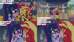 Size: 4400x2475 | Tagged: safe, derpibooru import, edit, edited screencap, editor:quoterific, screencap, flam, flim, sci-twi, sunset shimmer, twilight sparkle, better together, equestria girls, rollercoaster of friendship, facial hair, female, frown, glasses, male, moustache, open mouth, open smile, plushie, ponytail, smiling, teddy bear