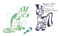 Size: 2031x1225 | Tagged: safe, alternate version, artist:nobody, derpibooru import, zecora, oc, oc:anon, zebra, ears, floppy ears, human to zebra, poof, potion, sitting, species swap, transformation, unamused, zebrafied