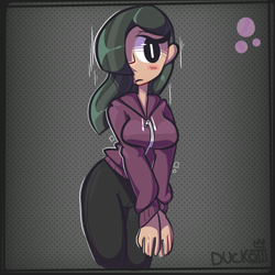 Size: 1059x1059 | Tagged: safe, artist:duckoiii, derpibooru import, marble pie, human, 2019, arm boob squeeze, clothes, female, hair over one eye, hoodie, humanized, old art, solo