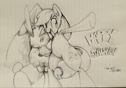 Size: 2092x1462 | Tagged: safe, artist:yidwags, derpibooru import, applejack, earth pony, pony, bipedal, birthday, gift art, lined paper, lopunny, pokémon, signature, traditional art