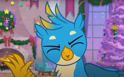 Size: 1236x770 | Tagged: safe, derpibooru import, screencap, gallus, griffon, the hearth's warming club, cropped, eyes closed, male, solo