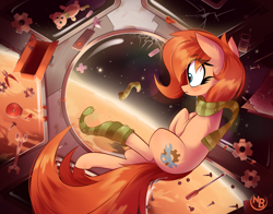 Size: 2820x2206 | Tagged: safe, artist:nevobaster, derpibooru import, oc, oc only, oc:rusty gears, earth pony, pony, bandaid, clothes, cracks, cute, duct tape, female, freckles, gear, mare, notes, planet, pliers, plushie, remote, scarf, screw, screwdriver, sock, socks, solo, space, striped scarf, striped socks, tape, teddy bear, toolbox, wrench