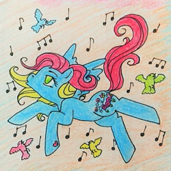 Size: 898x898 | Tagged: safe, artist:mintytreble, derpibooru import, thistle whistle, bird, pegasus, pony, g3, cute, flying, music notes, traditional art