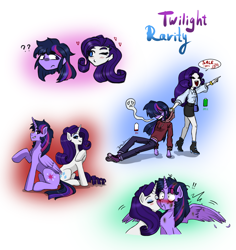 Size: 2576x2732 | Tagged: safe, artist:daazzlin, derpibooru import, rarity, twilight sparkle, twilight sparkle (alicorn), alicorn, pony, unicorn, equestria girls, blushing, duo, female, kissing, lesbian, rarilight, shipping, simple background, white background