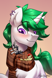 Size: 2000x3000 | Tagged: safe, artist:jedayskayvoker, derpibooru import, oc, oc only, oc:thunder arch, oc:yamato, oc:zenith night, earth pony, pegasus, pony, unicorn, blushing, chest fluff, clothes, comforting, comfy, commission, cute, ear fluff, ear piercing, ears, earth pony oc, eyebrows, gradient background, horn, looking at each other, looking at someone, micro, pegasus oc, piercing, purple eyes, raised eyebrow, scarf, smol, spread wings, striped scarf, tiny, tiny ponies, unicorn oc, wings