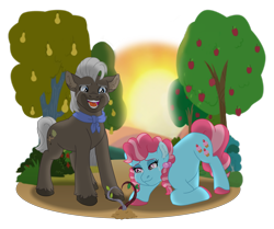 Size: 4767x3979 | Tagged: safe, artist:faitheverlasting, derpibooru import, burnt oak, cup cake, earth pony, pony, absurd resolution, apple, apple tree, chiffon swirl, crying, earth pony magic, female, headcanon, headcanon in the description, laughing, magic, male, mare, pear tree, sapling, simple background, sprout, stallion, story included, tears of joy, tears of laughter, teary eyes, transparent background, tree