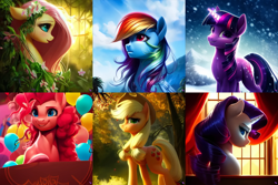 Size: 4096x2731 | Tagged: safe, derpibooru import, generator:purplesmart.ai, generator:stable diffusion, machine learning generated, applejack, fluttershy, pinkie pie, rainbow dash, rarity, twilight sparkle, unicorn twilight, earth pony, pegasus, pony, unicorn, apple, applejack's hat, balloon, clothes, cloud, collage, cowboy hat, crepuscular rays, curtains, female, floral head wreath, flower, flower in hair, flowing mane, food, forest, glowing, glowing horn, hat, horn, leaves, looking at you, looking up, mane six, mare, mountain, nature, palm tree, party, side view, smiling, smiling at you, snow, snowfall, tree, window, winter