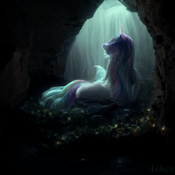 Size: 1024x1024 | Tagged: safe, artist:my-little-pop-artist, derpibooru import, princess celestia, alicorn, pony, cave, female, solo