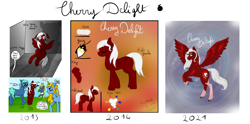 Size: 3132x1552 | Tagged: safe, artist:loopina, derpibooru import, oc, oc:cherry delight, pegasus, evolution, female