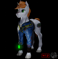 Size: 1410x1441 | Tagged: safe, artist:deadair, derpibooru import, oc, oc:littlepip, pony, unicorn, fallout equestria, 3d, 3d model, blender, blender cycles, clothes, cutie mark, cycles render, jumpsuit, pipbuck, solo, vault suit, wip