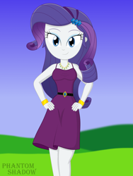 Size: 1500x2000 | Tagged: safe, artist:phantomshadow051, derpibooru import, rarity, equestria girls, clothes, dress, female, jewelry, looking at you, necklace, solo, stupid sexy rarity