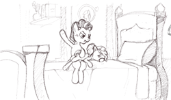 Size: 480x281 | Tagged: artist needed, source needed, safe, derpibooru import, earth pony, pony, bed, book, crying, duo, female, filly, foal, male, over the knee, picture, plant, punishment, room, shelf, simple background, stallion, tears of pain, traditional art, white background