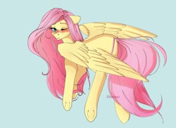 Size: 1193x869 | Tagged: safe, artist:rinnaso, derpibooru import, fluttershy, pegasus, pony, blue background, blushing, female, simple background, solo