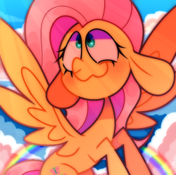 Size: 1054x1050 | Tagged: safe, artist:kimmypalazzo, derpibooru import, fluttershy, pegasus, pony, crepuscular rays, ears, female, floppy ears, flying, head turned, heart, heart eyes, looking up, mare, outdoors, rainbow, sky background, smiling, solo, spread wings, wingding eyes, wings