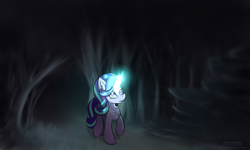 Size: 2500x1500 | Tagged: safe, artist:rejiser, derpibooru import, starlight glimmer, pony, unicorn, female, forest, glowing, glowing horn, horn, night, solo