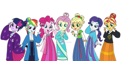 Size: 1920x960 | Tagged: safe, artist:green-yilin1996, derpibooru import, applejack, fluttershy, pinkie pie, rainbow dash, rarity, sci-twi, sunset shimmer, twilight sparkle, equestria girls, alternate hairstyle, clothes, deviantart watermark, dress, female, hanfu, humane five, humane seven, humane six, missing accessory, no glasses, obtrusive watermark, robe, simple background, transparent background, watermark