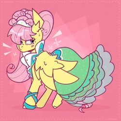 Size: 2400x2400 | Tagged: safe, artist:shylunaart, derpibooru import, fluttershy, pegasus, pony, green isn't your color, abstract background, alternate hairstyle, aside glance, blushing, clothes, dress, ear fluff, ears, elbow fluff, emanata, female, headdress, high res, hoof shoes, lidded eyes, looking at you, mare, modelshy, nervous, solo, standing, sweat, wings