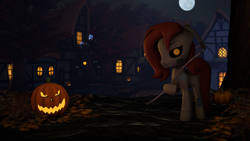 Size: 1920x1080 | Tagged: safe, artist:skyarrow, derpibooru import, oc, oc:cross stitch, oc:sleepy hollow, dullahan, hagwarders, original species, unicorn, 3d, autumn, disembodied head, female, halloween, headless, holiday, jack-o-lantern, male, mare, moon, pumpkin, source filmmaker, stallion