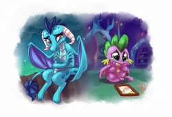 Size: 3800x2600 | Tagged: safe, artist:whitediamonds, derpibooru import, princess ember, spike, twilight sparkle, dragon, crying, dragoness, female, sad, twilight's castle, winged spike, wings