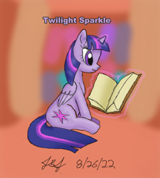 Size: 972x1081 | Tagged: safe, derpibooru import, twilight sparkle, twilight sparkle (alicorn), alicorn, book, full body, levitation, magic, magic aura, reading, side view, sitting, solo, telekinesis