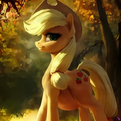 Size: 1536x1536 | Tagged: safe, derpibooru exclusive, derpibooru import, edit, editor:dualreason, generator:purplesmart.ai, generator:stable diffusion, machine learning generated, applejack, earth pony, pony, belly, big belly, female, looking at you, mare, outdoors, preggo jack, pregnant, profile, side view, smiling, smiling at you, solo, tree