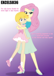 Size: 661x935 | Tagged: safe, artist:excelso36, fluttershy, oc, oc:cherish lynne, human, equestria girls, clothes, commissioner:shortskirtsandexplosions, crossdressing, dress, femboy, girly, holding, hug, humanized, nervous, serious face, shoes, sweat, threat, threatening