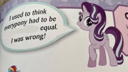 Size: 1024x576 | Tagged: safe, artist:twiiisparkle, derpibooru import, edit, rainbow dash, starlight glimmer, pegasus, pony, unicorn, female, irl, mare, offscreen character, photo, raised hoof, raised leg, speech bubble, text