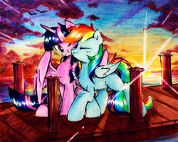 Size: 2741x2198 | Tagged: safe, artist:liaaqila, derpibooru import, rainbow dash, twilight sparkle, twilight sparkle (alicorn), alicorn, pegasus, pony, duo, female, lesbian, pier, shipping, sunset, twidash