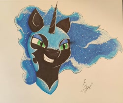 Size: 1941x1640 | Tagged: safe, artist:engi, derpibooru import, nightmare moon, alicorn, pony, armor, bust, ethereal mane, evil grin, female, grin, simple background, smiling, solo, starry mane, traditional art