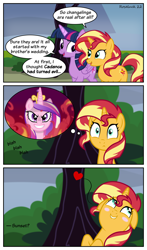 Size: 1680x2860 | Tagged: safe, artist:roseluck, derpibooru import, princess cadance, queen chrysalis, sunset shimmer, twilight sparkle, twilight sparkle (alicorn), alicorn, pony, unicorn, a canterlot wedding, simple ways, 3 panel comic, blushing, bush, comic, dialogue, ears, evil cadance, evil grin, faint, fake cadance, female, fire, floppy ears, folded wings, grin, heart, high res, hooves to the chest, horn, imagine spot, inkscape, jewelry, lesbian, lip bite, looking at each other, looking at someone, looking at you, mare, open mouth, open smile, outdoors, shipping, show accurate, smiling, smiling at each other, smiling at you, speech bubble, sunsetdance, tail, thought bubble, tiara, tree, trio, trio female, vector, walking, wall of tags, wings