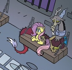 Size: 257x252 | Tagged: safe, derpibooru import, idw, discord, fluttershy, draconequus, pegasus, spoiler:comic96, bars, collar, cropped, discord is not amused, duo, duo male and female, female, jail, lying down, male, prison, unamused