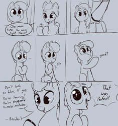 Size: 1600x1700 | Tagged: safe, artist:storyteller, derpibooru import, oc, oc:omelette, earth pony, colt, comic, cute, female, foal, grayscale, hoof polish, male, mare, monochrome, sign language, sketch, smiling