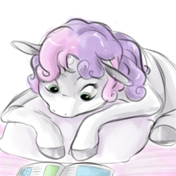 Size: 768x768 | Tagged: safe, artist:smirk, derpibooru import, sweetie belle, pony, unicorn, magazine, pillow, sketch, solo