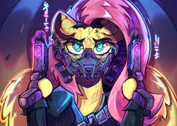 Size: 2100x1500 | Tagged: safe, artist:freak-side, derpibooru import, fluttershy, pegasus, pony, clothes, cyberpunk, ear piercing, earring, gun, handgun, jacket, jewelry, mask, piercing, pistol, respirator, solo, weapon