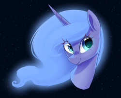 Size: 1575x1268 | Tagged: safe, artist:thebatfang, derpibooru import, princess luna, alicorn, pony, black background, eye clipping through hair, female, freckles, head only, looking at you, mare, s1 luna, simple background, smiling, solo, space, stars