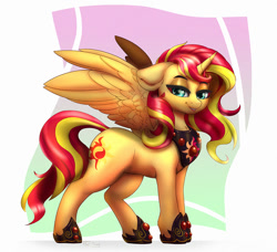 Size: 1000x913 | Tagged: safe, artist:inkypuso, derpibooru import, sunset shimmer, alicorn, pony, alicornified, commission, female, lidded eyes, looking at you, mare, peytral, race swap, shimmercorn, side view, solo