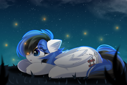 Size: 2767x1869 | Tagged: safe, artist:janelearts, derpibooru import, oc, oc only, oc:kezzie, firefly (insect), insect, pegasus, pony, female, lying down, mare, night, prone, solo