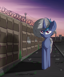 Size: 2114x2542 | Tagged: safe, derpibooru import, oc, oc only, unicorn, blue hair, digital art, grass, gray eyes, grey hair, horn, industrial, male, sad, sky, street, unicorn oc, walking