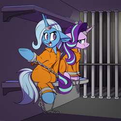 Size: 3840x3840 | Tagged: safe, artist:notetaker, derpibooru exclusive, derpibooru import, starlight glimmer, trixie, pony, unicorn, clothes, commissioner:rainbowdash69, cuffed, cuffs, frustrated, high res, horn, horn ring, jail, jail cell, jumpsuit, magic inhibition, never doubt rainbowdash69's involvement, open mouth, prison, prison outfit, ring, shackles, sitting