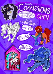 Size: 2500x3461 | Tagged: safe, artist:facadeart, derpibooru import, princess celestia, princess luna, alicorn, changeling, changeling queen, earth pony, unicorn, advertisement, clothes, commission info, ethereal mane, female, horn, horn ring, information, jewelry, ring, scarf, starry mane, tiara