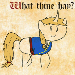 Size: 512x512 | Tagged: safe, derpibooru import, oc, oc:regal inkwell, bayeux tapestry, clothes, grammar error, medieval, nobility, solo, stick pony, stylistic suck, what the hay?, ye olde butcherede englishe, ye olde english