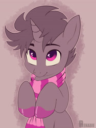 Size: 2700x3600 | Tagged: safe, artist:renabu, derpibooru import, oc, oc only, oc:2tense, pony, unicorn, clothes, hoof polish, looking at you, looking up, looking up at you, scarf, signature, solo, striped scarf